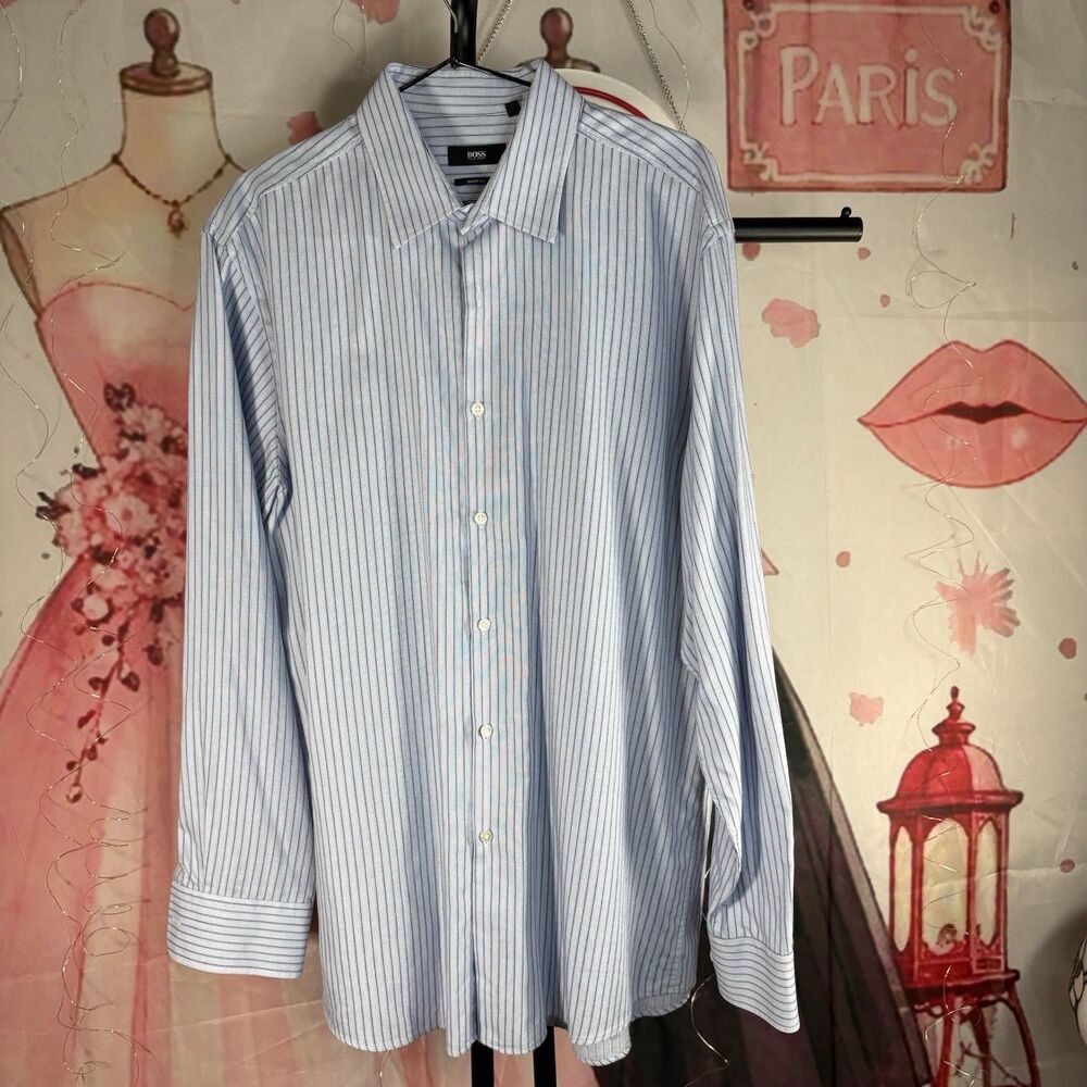 Hugo Boss Men's Striped Long Sleeve Button Up Dress Shirt Size 17–34/35 - Picture 2 of 11